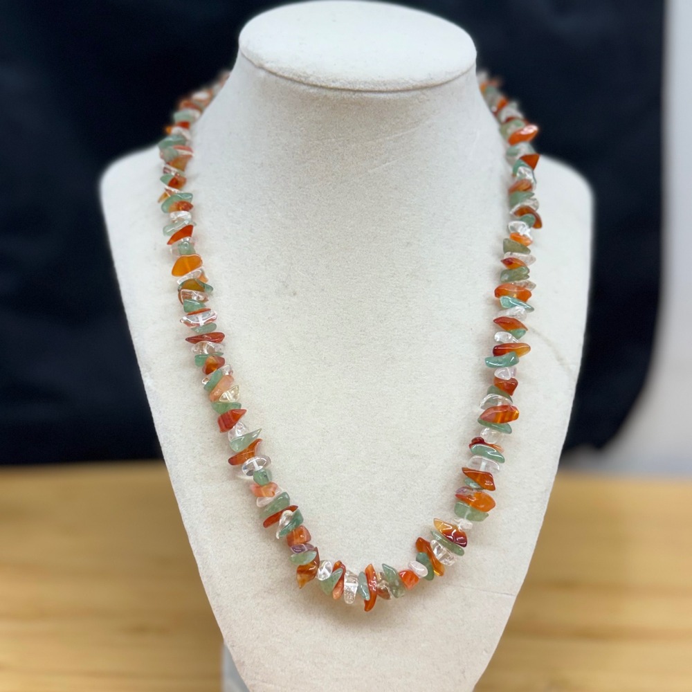 Natural Stone Chip Necklace Carnelian Aventurine Quartz 18.5 Inch Barrel Clasp